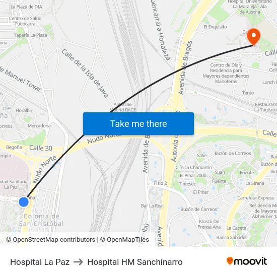 Hospital La Paz to Hospital HM Sanchinarro map