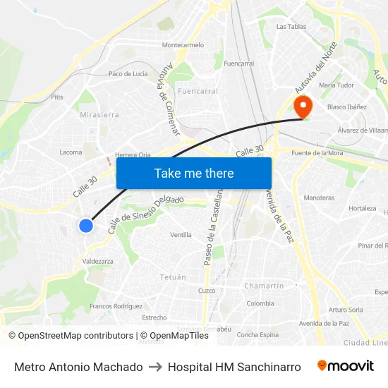 Metro Antonio Machado to Hospital HM Sanchinarro map