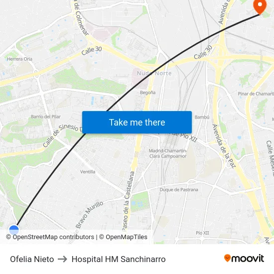 Ofelia Nieto to Hospital HM Sanchinarro map