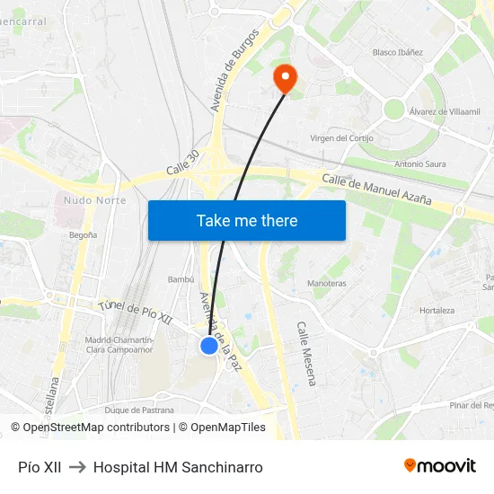 Pío XII to Hospital HM Sanchinarro map