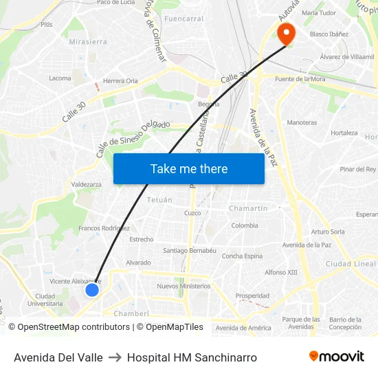 Avenida Del Valle to Hospital HM Sanchinarro map