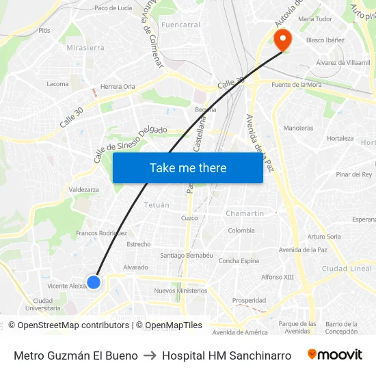 Metro Guzmán El Bueno to Hospital HM Sanchinarro map