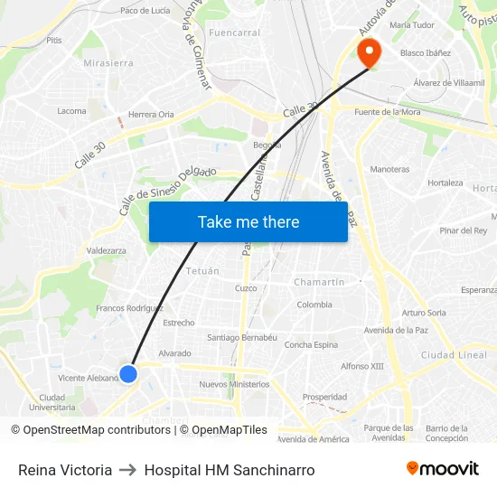 Reina Victoria to Hospital HM Sanchinarro map