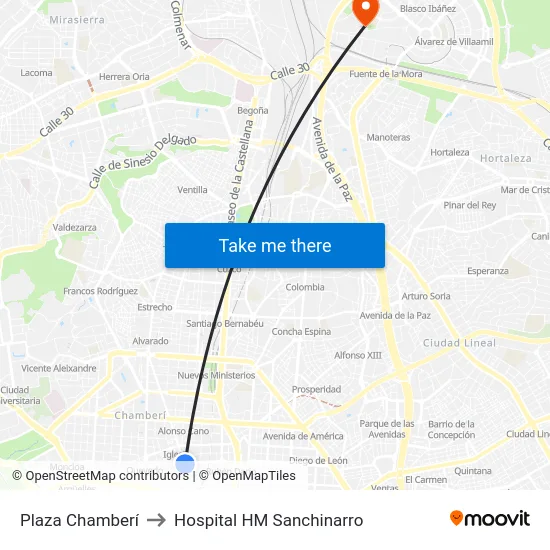 Plaza Chamberí to Hospital HM Sanchinarro map