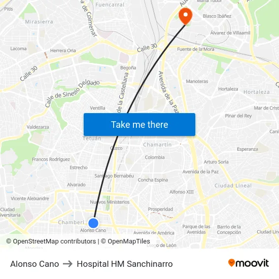 Alonso Cano to Hospital HM Sanchinarro map