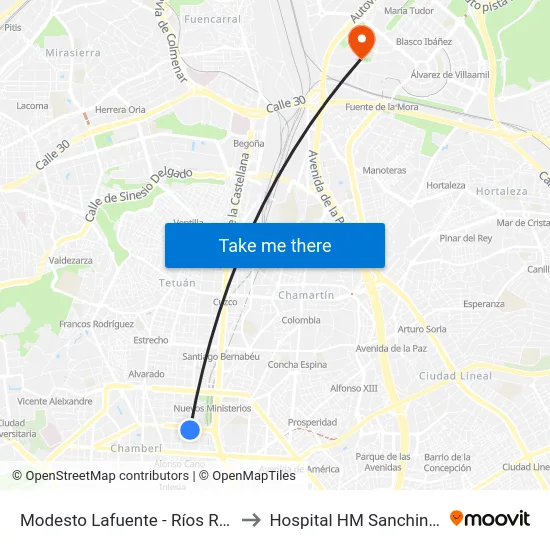 Modesto Lafuente - Ríos Rosas to Hospital HM Sanchinarro map