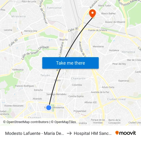 Modesto Lafuente - María De Guzmán to Hospital HM Sanchinarro map