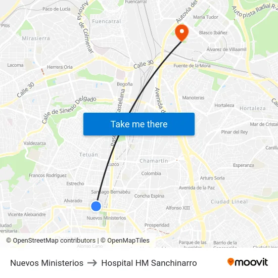 Nuevos Ministerios to Hospital HM Sanchinarro map