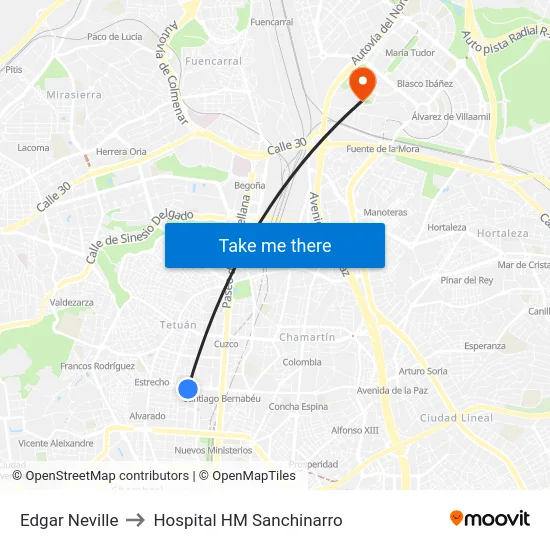 Edgar Neville to Hospital HM Sanchinarro map