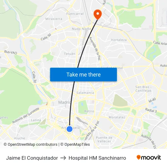 Jaime El Conquistador to Hospital HM Sanchinarro map