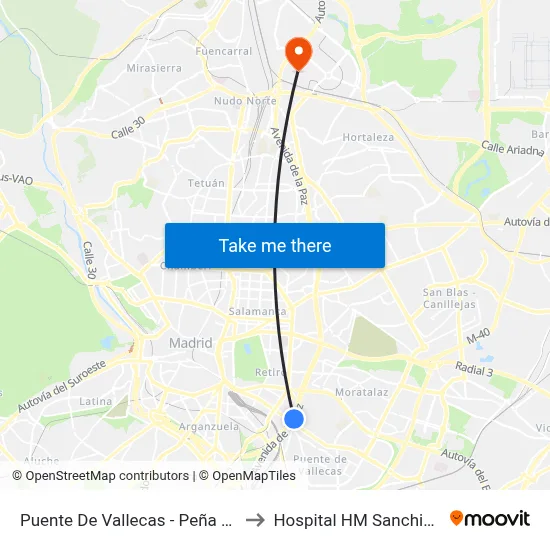 Puente De Vallecas - Peña Prieta to Hospital HM Sanchinarro map