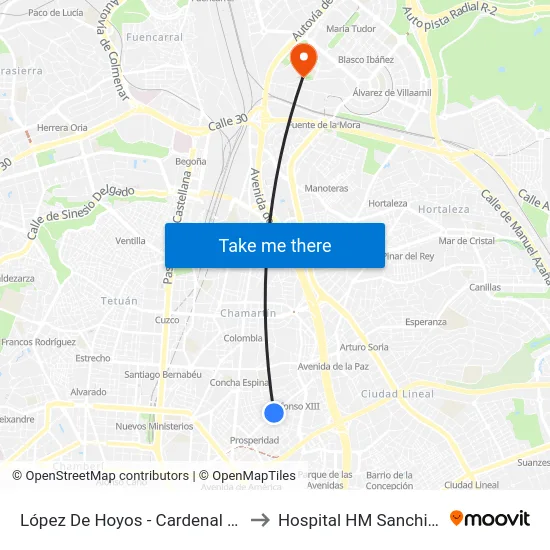 López De Hoyos - Cardenal Silíceo to Hospital HM Sanchinarro map