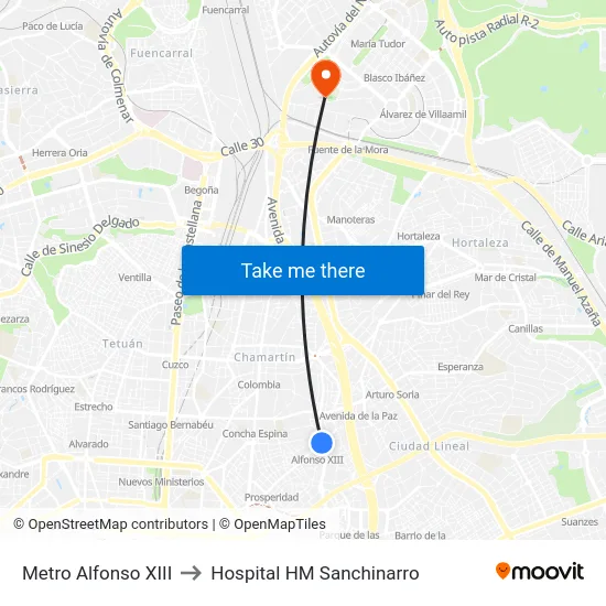 Metro Alfonso XIII to Hospital HM Sanchinarro map