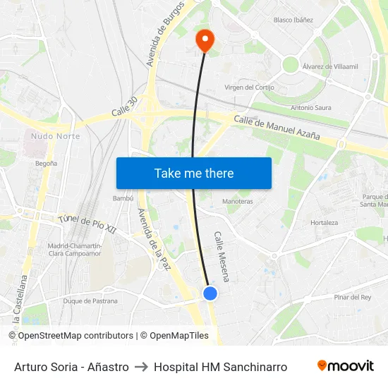 Arturo Soria - Añastro to Hospital HM Sanchinarro map