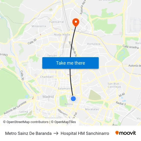 Metro Sainz De Baranda to Hospital HM Sanchinarro map