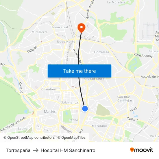 Torrespaña to Hospital HM Sanchinarro map