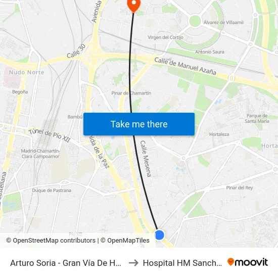 Arturo Soria - Gran Vía De Hortaleza to Hospital HM Sanchinarro map