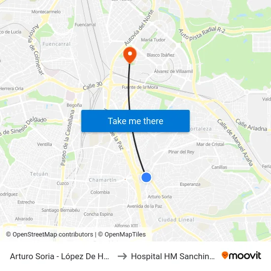 Arturo Soria - López De Hoyos to Hospital HM Sanchinarro map