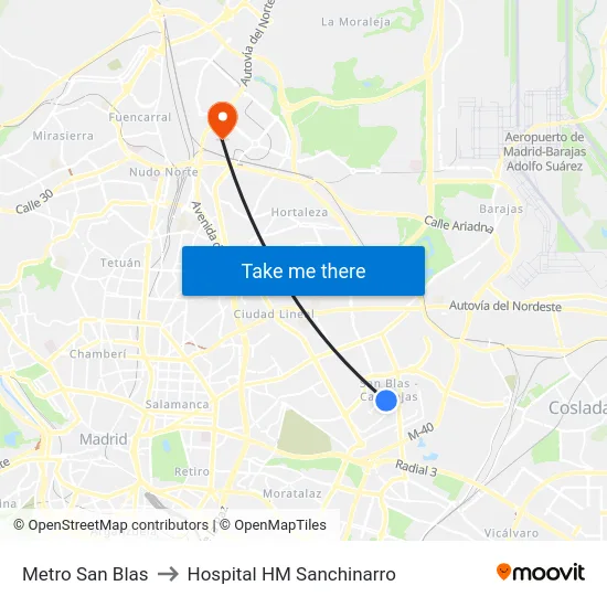 Metro San Blas to Hospital HM Sanchinarro map