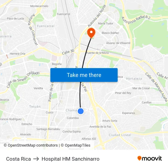 Costa Rica to Hospital HM Sanchinarro map