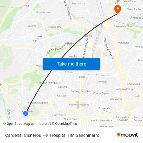Cardenal Cisneros to Hospital HM Sanchinarro map