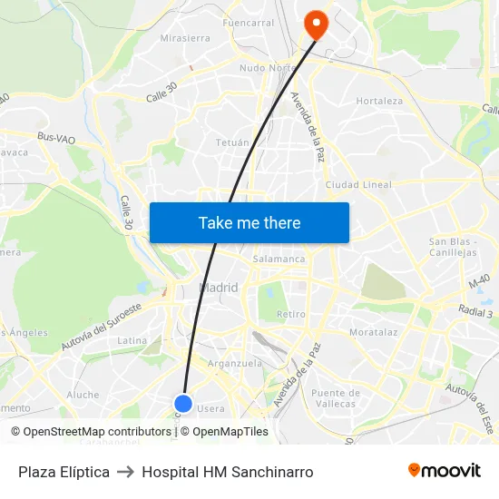 Plaza Elíptica to Hospital HM Sanchinarro map