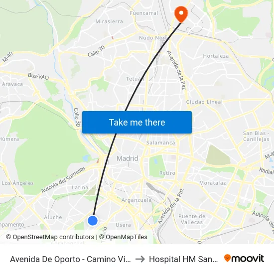 Avenida De Oporto - Camino Viejo Leganés to Hospital HM Sanchinarro map