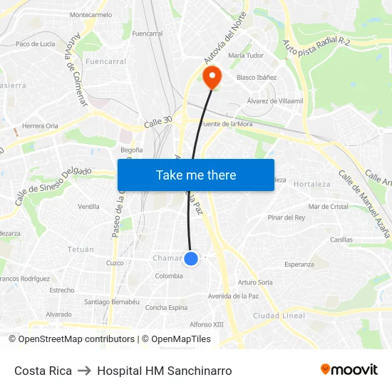 Costa Rica to Hospital HM Sanchinarro map