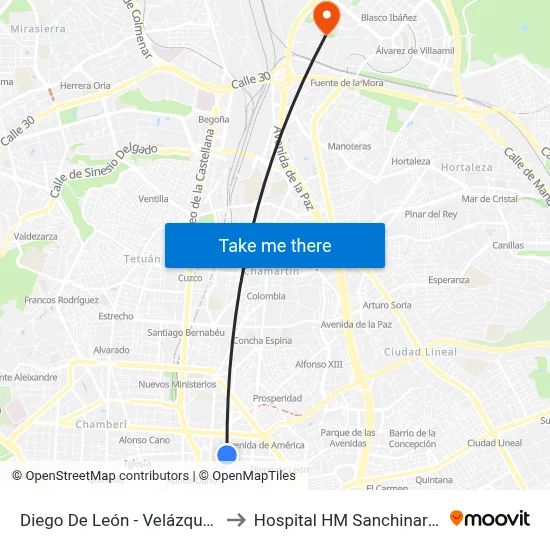 Diego De León - Velázquez to Hospital HM Sanchinarro map