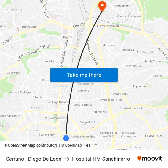 Serrano - Diego De León to Hospital HM Sanchinarro map