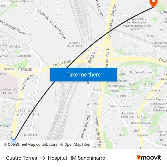 Cuatro Torres to Hospital HM Sanchinarro map
