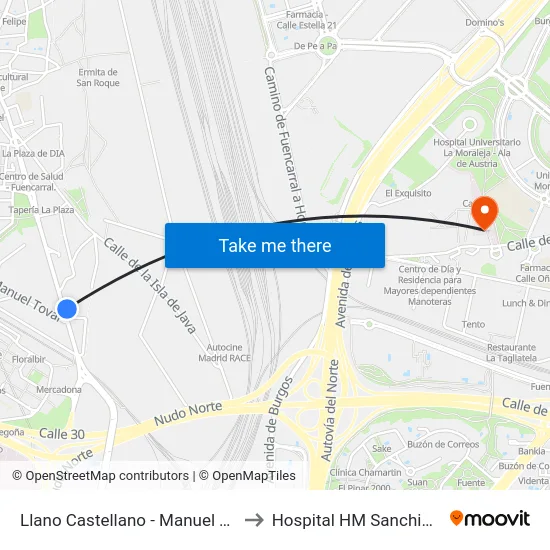 Llano Castellano - Manuel Tovar to Hospital HM Sanchinarro map