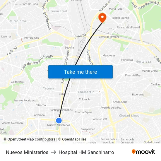 Nuevos Ministerios to Hospital HM Sanchinarro map