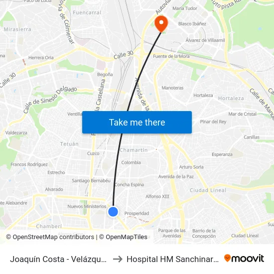 Joaquín Costa - Velázquez to Hospital HM Sanchinarro map