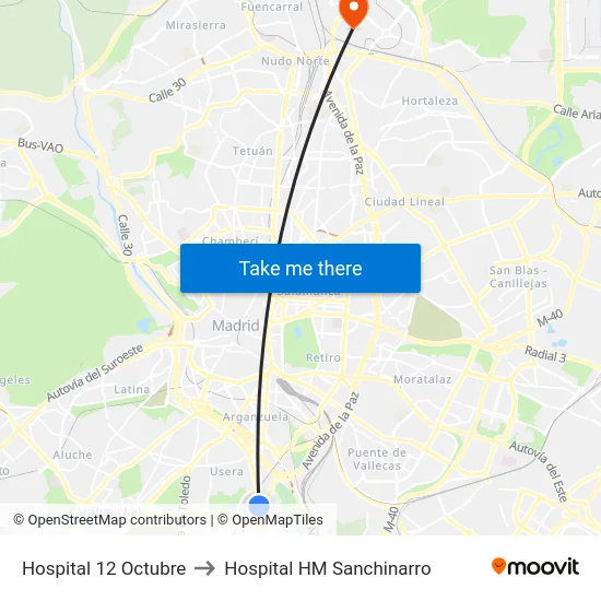 Hospital 12 Octubre to Hospital HM Sanchinarro map