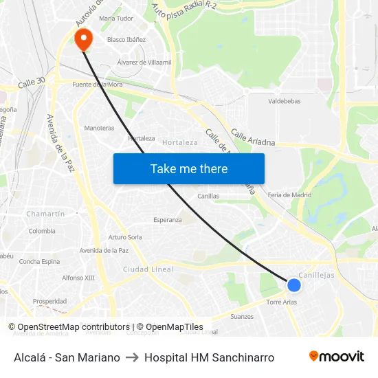 Alcalá - San Mariano to Hospital HM Sanchinarro map