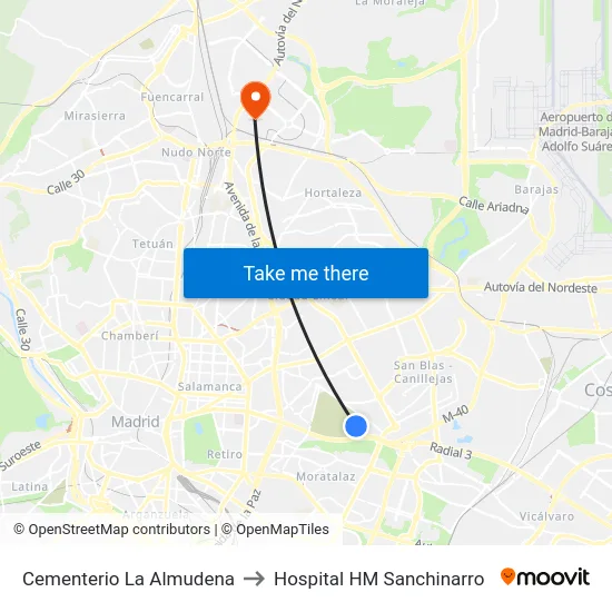 Cementerio La Almudena to Hospital HM Sanchinarro map