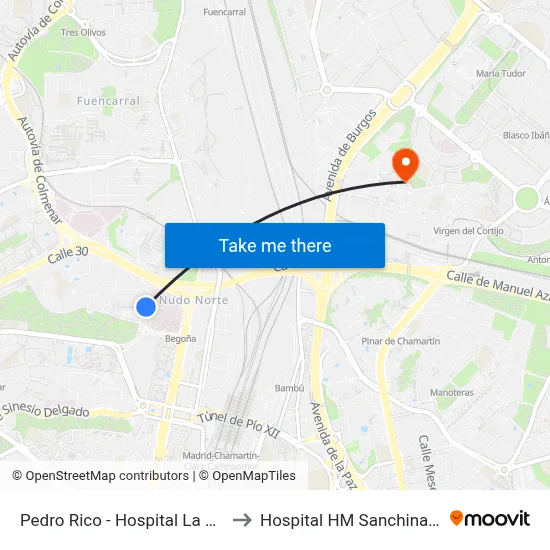 Pedro Rico - Hospital La Paz to Hospital HM Sanchinarro map