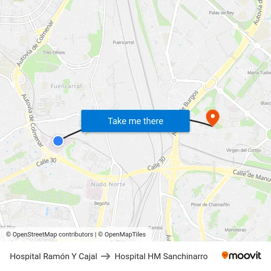 Hospital Ramón Y Cajal to Hospital HM Sanchinarro map