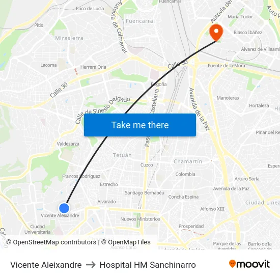 Vicente Aleixandre to Hospital HM Sanchinarro map
