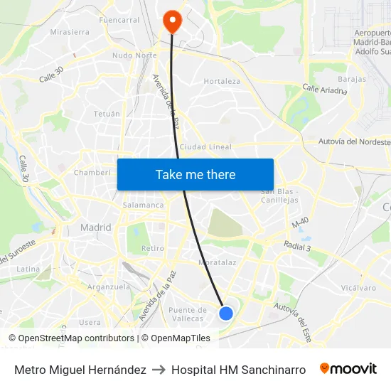 Metro Miguel Hernández to Hospital HM Sanchinarro map
