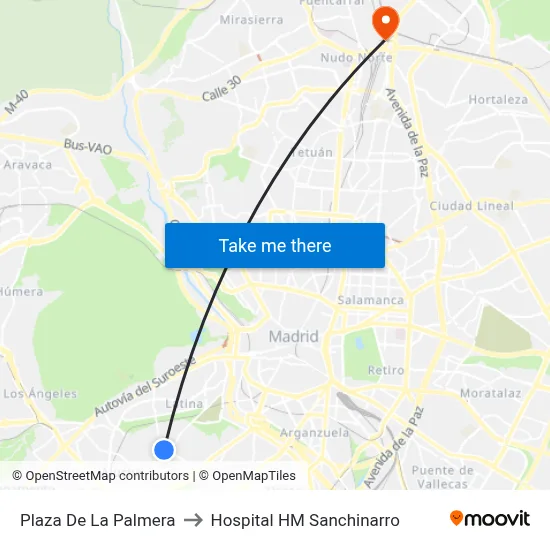 Plaza De La Palmera to Hospital HM Sanchinarro map