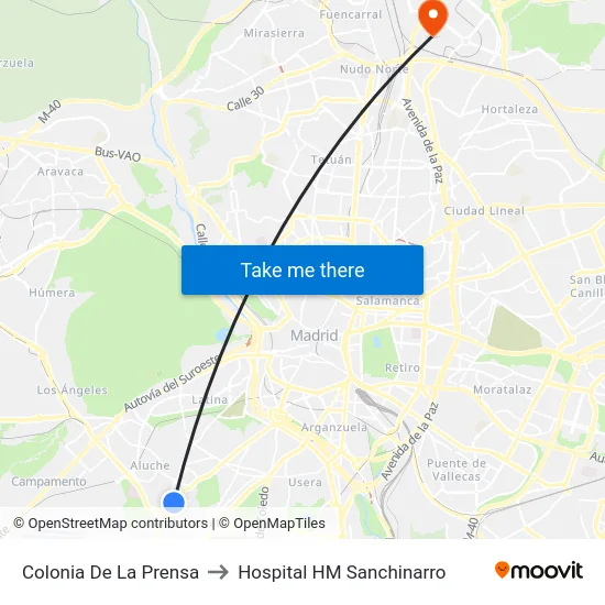 Colonia De La Prensa to Hospital HM Sanchinarro map