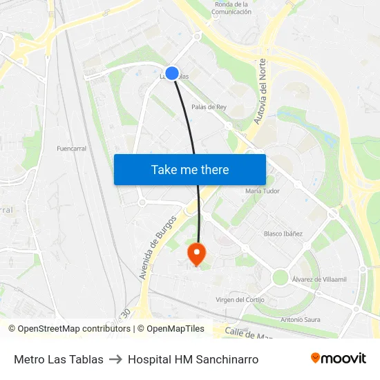 Metro Las Tablas to Hospital HM Sanchinarro map