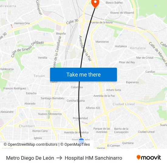Metro Diego De León to Hospital HM Sanchinarro map