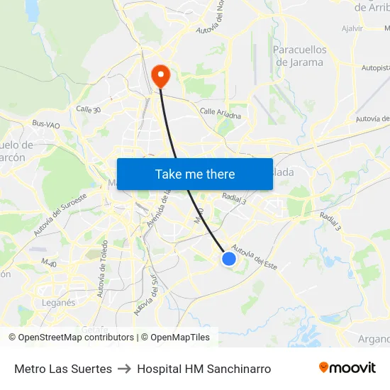 Metro Las Suertes to Hospital HM Sanchinarro map