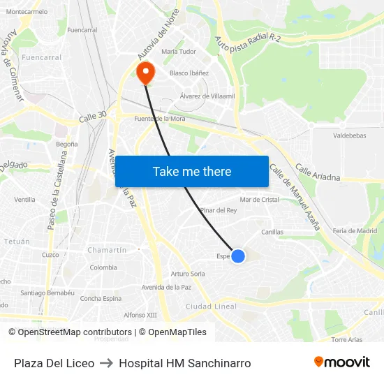 Plaza Del Liceo to Hospital HM Sanchinarro map