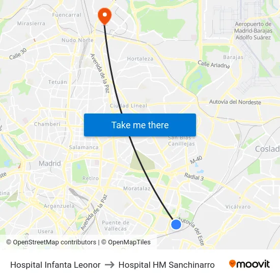 Hospital Infanta Leonor to Hospital HM Sanchinarro map