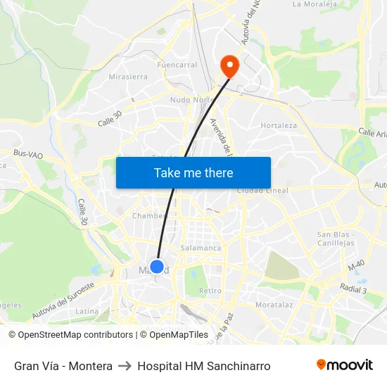Gran Vía - Montera to Hospital HM Sanchinarro map