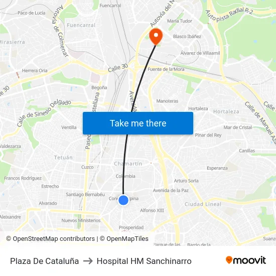 Plaza De Cataluña to Hospital HM Sanchinarro map